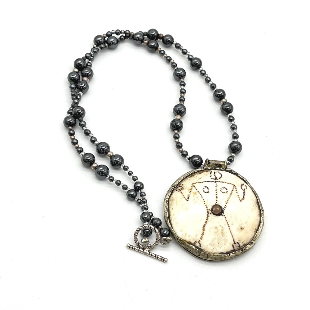 Naga Carved Shell Warrior Pendant Hematite Bead‎ Statement Necklace